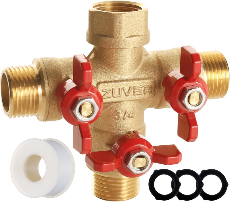 ZUVER Garden Hose Splitter 3-Way Y Valve – Heavy Duty Solid Brass Water Splitter with Aluminum Red Handle, 3/4" GHT Thread, High Flow Tap Splitter for Outdoor Faucet, Lawn, Irrigation, Washing - Image 1